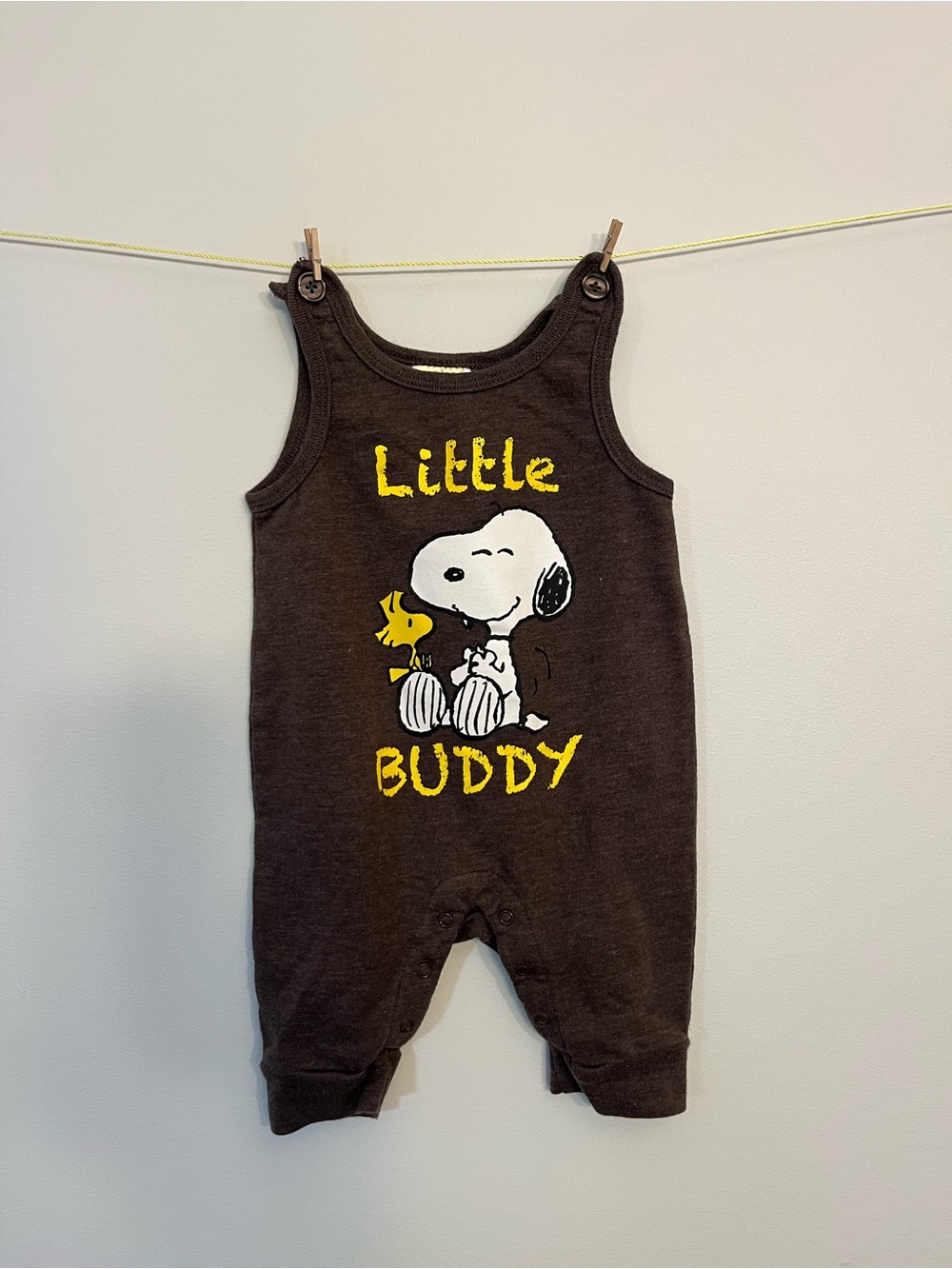 Peanuts Baby Romper in Brown with Yellow Graphics